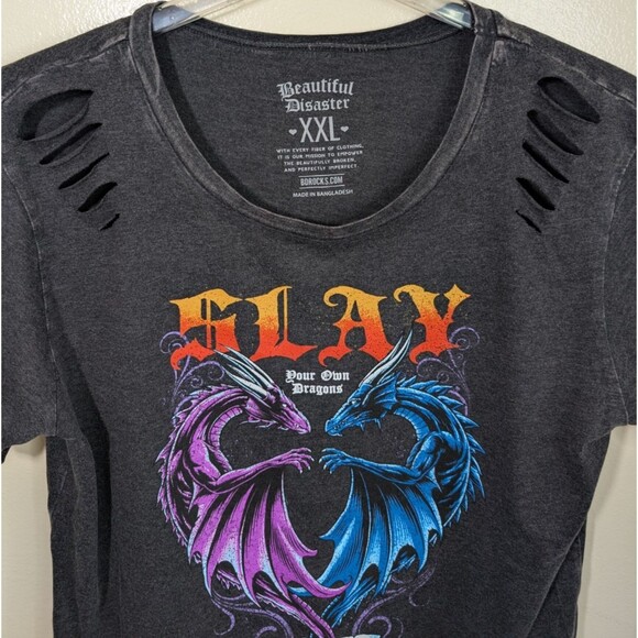 Beautiful Disaster Women's Slay Slash Shoulder Tee Dragons Size XXL - Picture 9 of 12